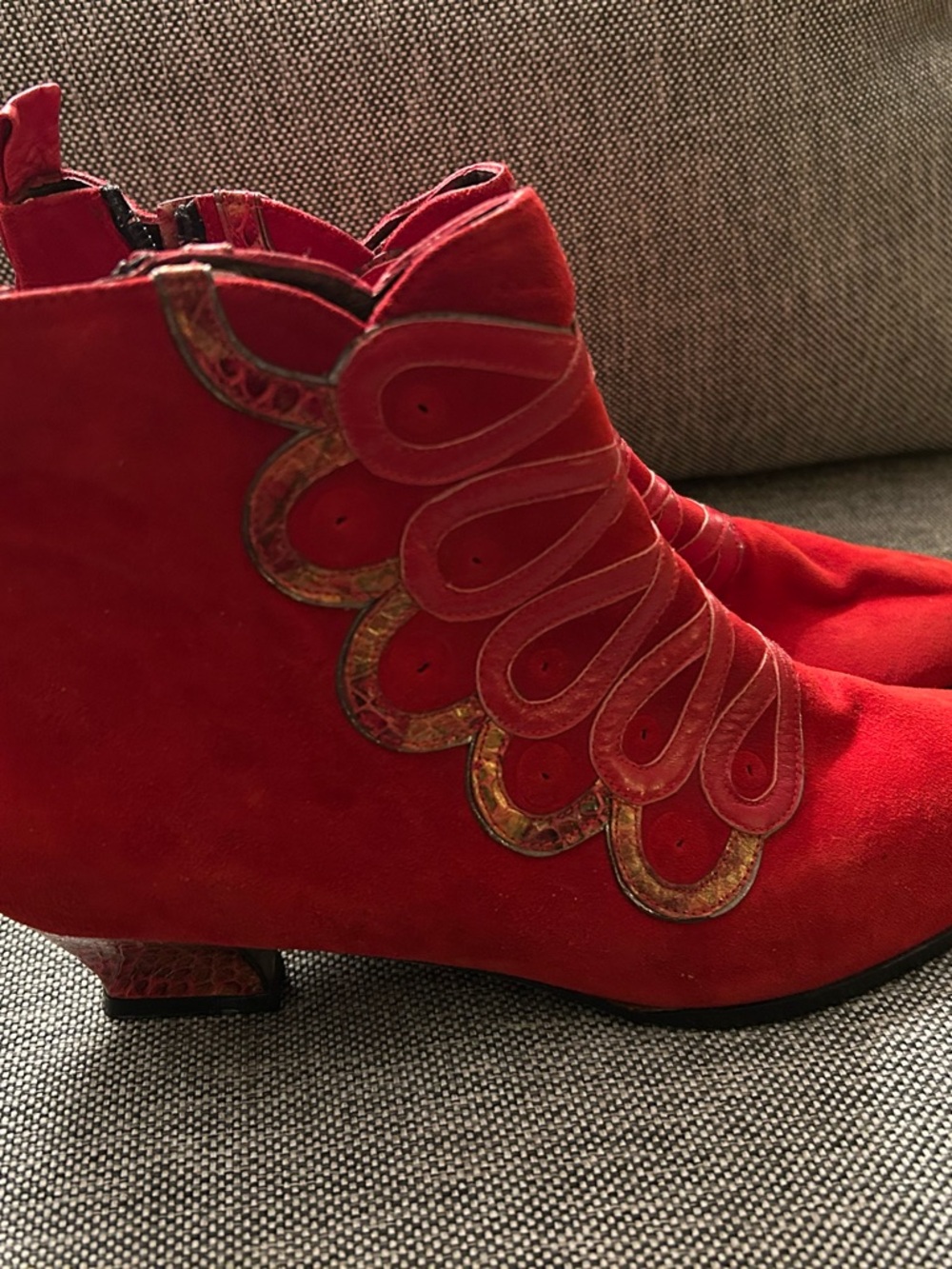 Women's Red Suede Ankle Booties with Decorative Scallop Overlay. Made in Spain